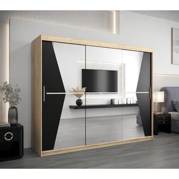 Šatní skříň Skříň s posuvnými dveřmi MILANA - šířka 250 cm, dub sonoma / černá