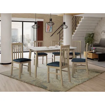 Jídelní stůl Sestava do jídelny 6+1 ADELBITE 6 - bílá / dub sonoma / modrá