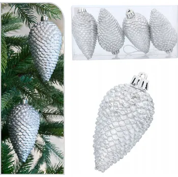 Vánoční dekorace SADA VÁNOČNÍCH OZDOB VÁNOČNÍ BAŇKY ŠIŠKY 8cm stříbrné 4KS závěsky PVC