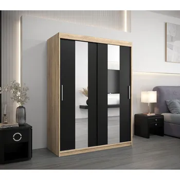 Šatní skříň Šatní skříň se zrcadly MARGARET - šířka 150 cm, dub sonoma / černá