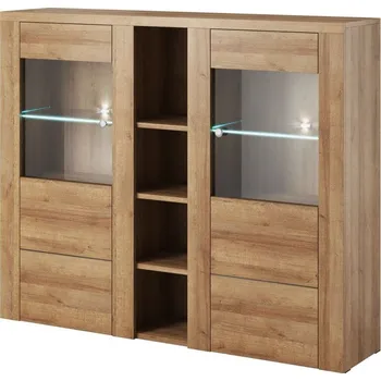 Policová skříň Široká policová skříňka s dvířky LEONOR - dub riviera