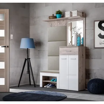 Předsíňová stěna Předsíňová stěna TELA 7 s poduškou - dub wellington / bílá / béžová