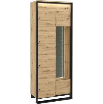 Policová skříň Vysoká prosklená vitrína s osvětlením FARN - dub artisan / černá