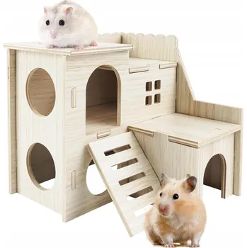 Dřevěný domek pro křečka, malý domek se skluzavkou, dvoupatrová bouda pro malá zvířata