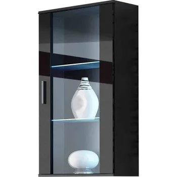 Policová skříň Závěsná vitrína s LED modrým osvětlením KARA - černá / lesklá černá