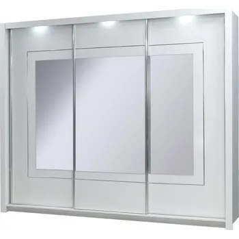 Šatní skříň Velká zrcadlová šatní skříň 258 cm PAMPLONA - alpská bílá / lesklá bílá + LED osvětlení ZDARMA