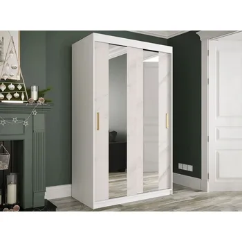 Šatní skříň Úzká šatní skříň 120 cm se zrcadlem CARSON 4 - bílý mramor / bílá / zlatá