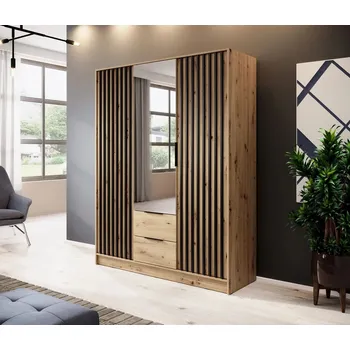 Šatní skříň Třídveřová skříň se zrcadlem MARFA - šířka 155 cm, dub artisan / černá