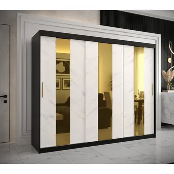 Šatní skříň Designová šatní skříň se zlatým zrcadlem MADLA 4 - šířka 250 cm, černá / bílá