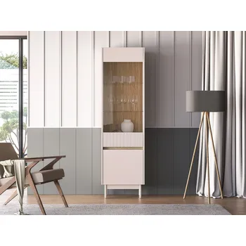 Policová skříň Prosklená vitrína THEA - kašmír / dub