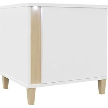 Noční stolek Noční stolek s LED osvětlením BANTRY - bílý / lesklý bílý / přírodní dýha, levý