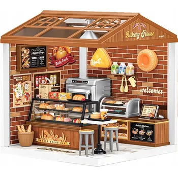Doplněk pro panenku MINIATURNÍ DOMEČEK PRO PANENKY PEKÁRNA 3D DIY PRO SESTAVENÍ 118 dílů LAMPIČKY