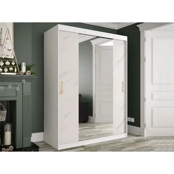 Šatní skříň Šatní skříň 150 cm se zrcadlem CARSON 3 - bílý mramor / bílá / zlatá