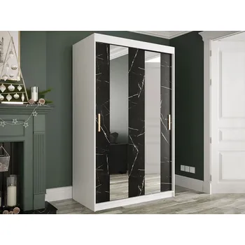 Šatní skříň Úzká šatní skříň 120 cm se zrcadlem a šuplíky CARSON 4 - černý mramor / bílá / zlatá