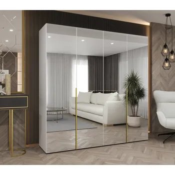 Šatní skříň Zrcadlová šatní skříň 200 cm BUGRA - bílá / zlatá