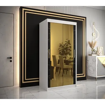 Šatní skříň Designová šatní skříň se zlatým zrcadlem MADLA 3 - šířka 100 cm, bílá / černá