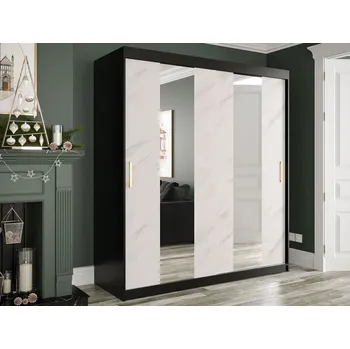 Šatní skříň Šatní skříň 180 cm se zrcadlem a šuplíky CARSON 1 - bílý mramor / černá / zlatá