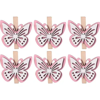 Dekorace dřevo 6 ks 48x43mm motýlek na kolíčku,růžová, bílá