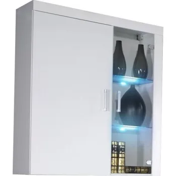 Policová skříň Závěsná vitrína s LED modrým osvětlením ITABUNA - bílá / lesklá bílá