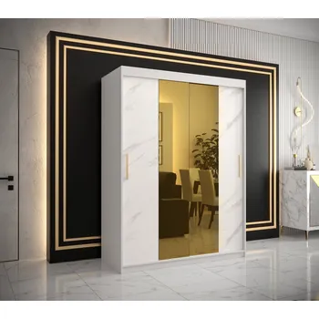 Šatní skříň Designová šatní skříň se zlatým zrcadlem MADLA 1 - šířka 150 cm, bílá