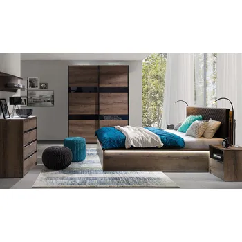 Ložnicová sestava Ložnicová sestava s LED osvětlením a postelí 160x200 PEORIA 10 - dub monastery / lesklá černá