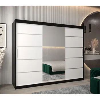 Šatní skříň Šatní zrcadlová skříň ADELA - 250 cm, černá / bílá