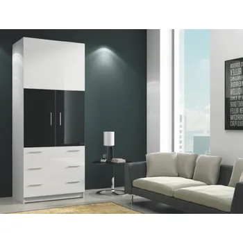 Šatní skříň Dvoudveřová skříň s šuplíky RYBAR - šířka 80 cm, bílá / černý lesk