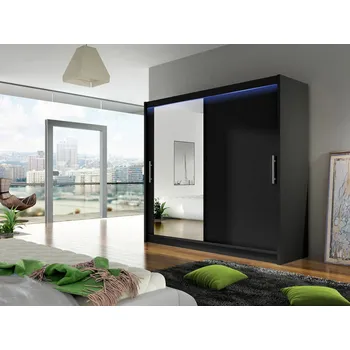 Šatní skříň Šatní skříň 180 cm se zrcadlem a LED osvětlením FLORENCIO 6 - černá