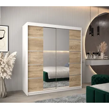 Šatní skříň Skříň se zrcadly VIVIEN - šířka 180 cm, bílá / dub sonoma