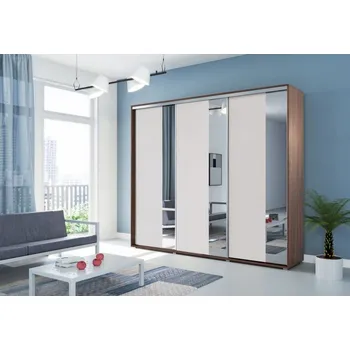 Šatní skříň Třídveřová zrcadlová šatní skříň 278 cm MARCO - čokoláda / bílá