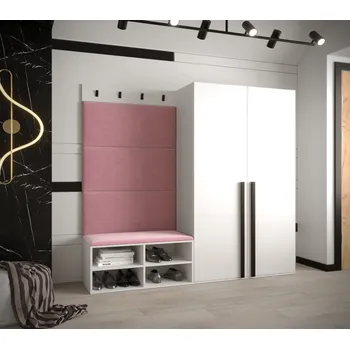 Předsíňová stěna Předsíňový nábytek s čalouněnými panely HARRISON - bílý, růžové panely