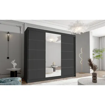 Šatní skříň Třídveřová skříň se zrcadlem NICA - šířka 250 cm, černá