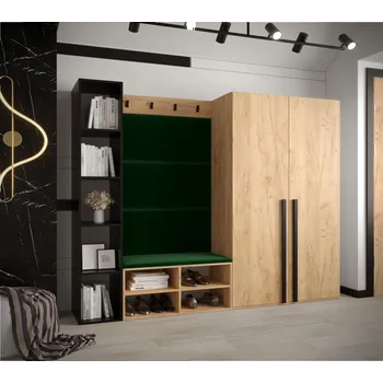 Předsíňová stěna Nábytek do předsíně s čalouněnými panely HARRISON - dub zlatý, zelené panely