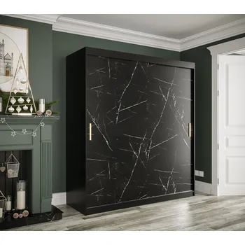 Šatní skříň Skříň s posuvnými dveřmi MAREILLE 1 - šířka 180 cm, černá / černý mramor