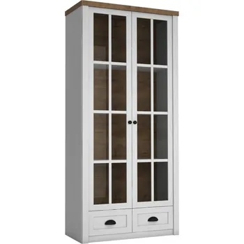 Policová skříň Dvoudveřová prosklená vitrína MARIONA - borovice andersen / dub lefkas