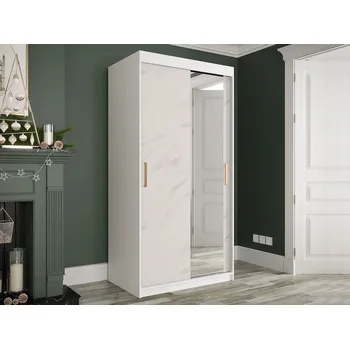 Šatní skříň Úzká šatní skříň 100 cm se zrcadlem a šuplíky CARSON 4 - bílý mramor / bílá / zlatá