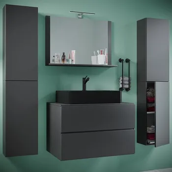 Koupelnový nábytek Vcm 5dílná umyvadlová skříňka Lendas BL XL 80 cm se zrcadlem a 2 vysokými skříňkami, antracitová