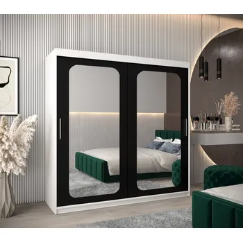 Šatní skříň Zrcadlová skříň DONICELA 2 - 200 cm, bílá / černá