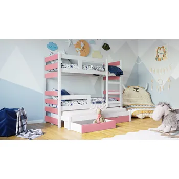 Dětská postel Patrová postel 75x180 SIGNE s přistýlkou - bílá / růžová