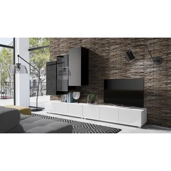 Obývací stěna Obývací stěna s LED modrým osvětlením CHEMUNG 15 - lesklá bílá / lesklá černá