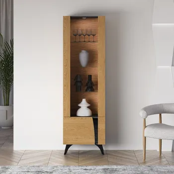 Policová skříň Prosklená vitrína ANNIKA - levá, dub baltic dune / jasan portland černý