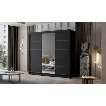 Šatní skříň Třídveřová skříň se zrcadlem NICA - šířka 200 cm, černá