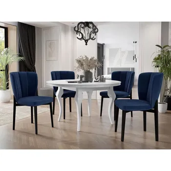 Jídelní stůl Rozkládací jídelní stůl 120 cm se 4 židlemi KRAM 2 - bílý / černý / granátový modrý