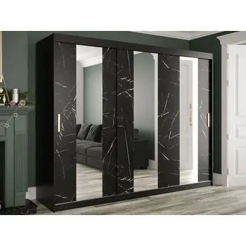 Šatní skříň Šatní skříň 250 cm se zrcadlem CARSON 1 - černý mramor / černá / zlatá