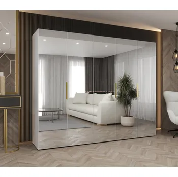 Šatní skříň Zrcadlová šatní skříň 250 cm RABIA - bílá / zlatá