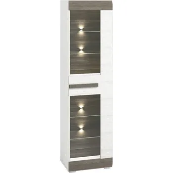 Policová skříň Prosklená vitrína ILKO - bílá borovice / new grey