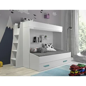 Dětská postel Patrová postel s úložným prostorem Lada - bílá/tyrkysové úchyty