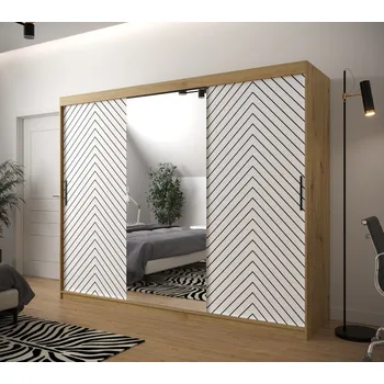 Šatní skříň Skříň s grafikou a zrcadlem JANETTE 3 - šířka 250 cm, dub artisan / bílá