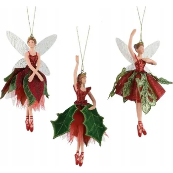 Vánoční ozdoba Závěsné víla v červeno-zelených šaty, 3 ozdoby, 16,8 cm