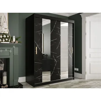Šatní skříň Šatní skříň 150 cm se zrcadlem a šuplíky CARSON 1 - černý mramor / černá / zlatá